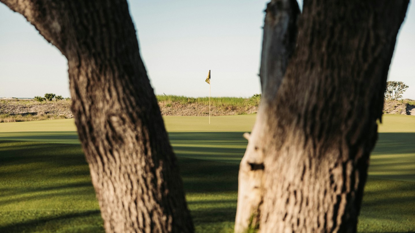 Et golfflagg står på en putting green.